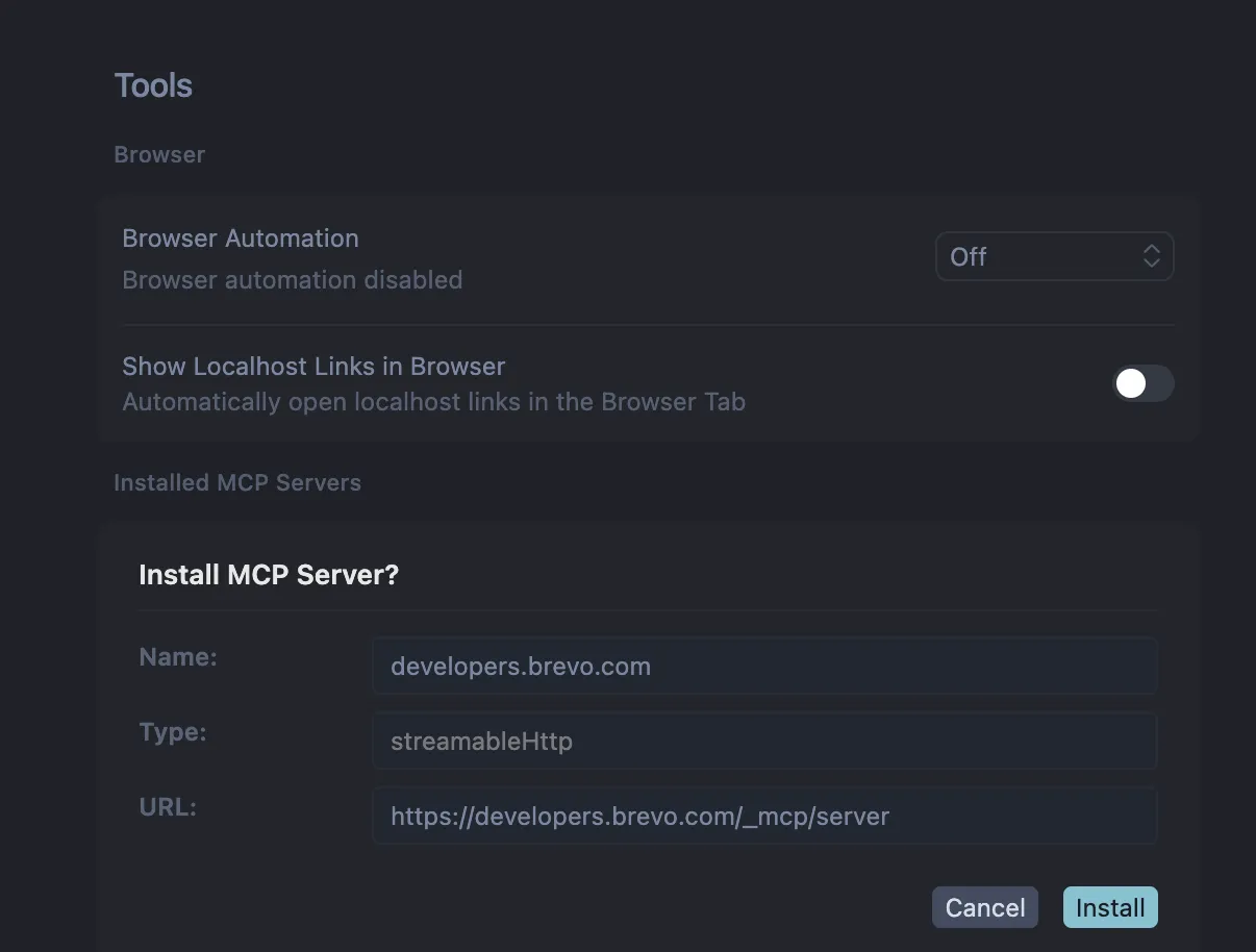 MCP Server installation panel in Cursor Settings