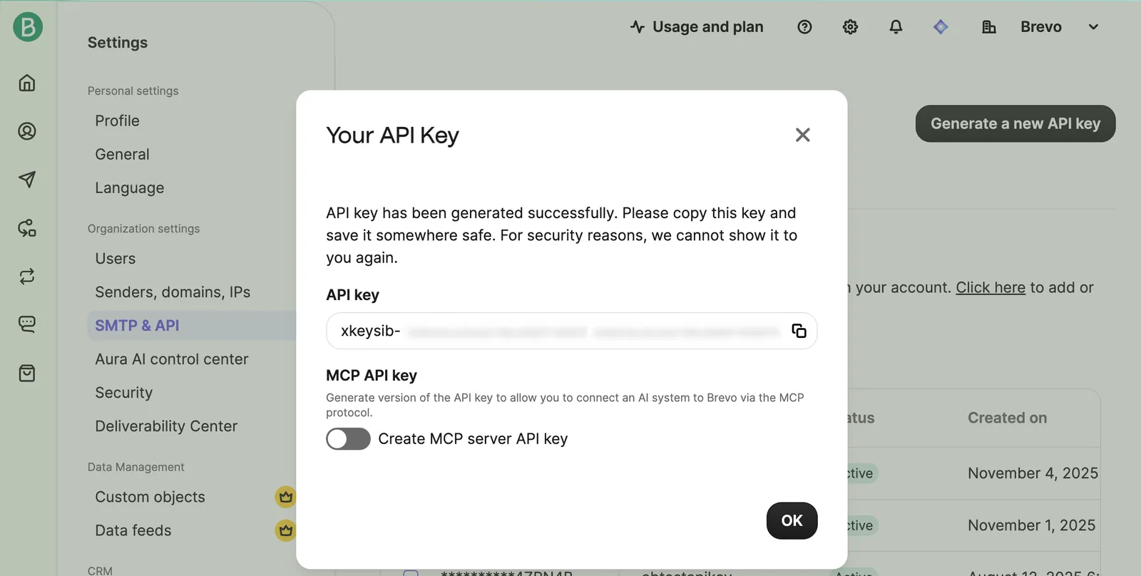 API key generated