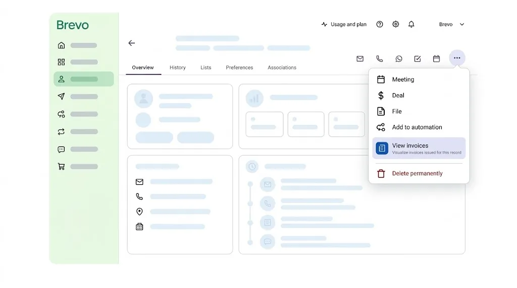 An action link ("View invoices") shown in a Contact record's header menu